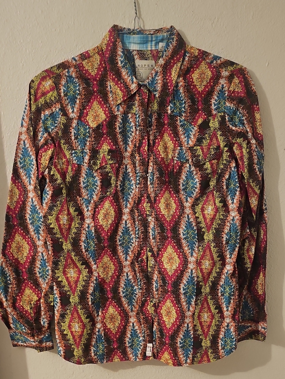 Roper Women's Multicolor Diamond-Print Western Shirt - Blue, Red, Yellow, Green